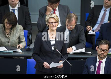 German Minister for Education and Research Anja Karliczek (C) speaks during the 25. Plenary session in Bundestag in Berlin, Germany on April 18. 2018. (Photo by Emmanuele Contini/NurPhoto) Stock Photo