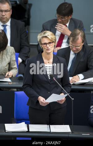 German Minister for Education and Research Anja Karliczek (C) speaks during the 25. Plenary session in Bundestag in Berlin, Germany on April 18. 2018. (Photo by Emmanuele Contini/NurPhoto) Stock Photo