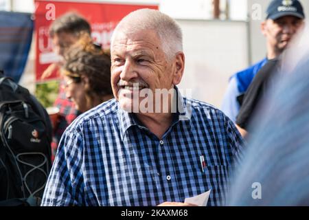 Udo Voigt, European Parliament member of the far-right NPD politicial party, speaks to the media at the venue of a neo-Nazi music fest on April 21, 2018 in Ostritz, Germany. By early afternoon approximately 500 neo-Nazis from across central Europe had arrived for the 'Shield and Sword' three-day music fest that coincides with Adolf Hitler's birthday. The organizer of the event, Thorsten Heise, leads the far-right NPD political party in the neighboring state of Thuringia. Police are responding by deploying over 1,000 officers from across Germany in the biggest police commitment in eastern Saxon Stock Photo