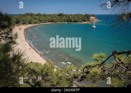 The Mediterranean Sea and the beach of Phaselis, Antalya, a historic tourism attraction in southern Turkey, which is often called the Turkish Riviera. Photo taken 22 April 2018. (Photo by Diego Cupolo/NurPhoto) Stock Photo