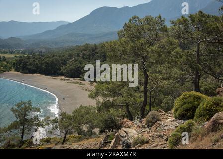 The Mediterranean Sea and a beach in Phaselis, Antalya, a historic tourism area in southern Turkey, which is often called the Turkish Riviera. Photo taken 22 April 2018. (Photo by Diego Cupolo/NurPhoto) Stock Photo