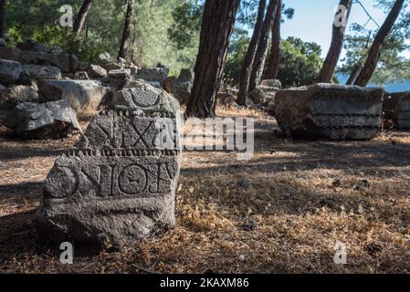 A Greek inscription on a stone in the forest near Phaselis, Antalya, a historic tourism area in southern Turkey, which is often called the Turkish Riviera. Photo taken 22 April 2018. (Photo by Diego Cupolo/NurPhoto) Stock Photo