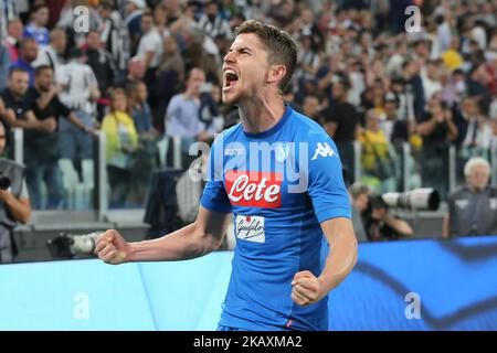 Jorge Luiz Frello Jorginho (SSC Napoli) celebrates with teammates the victory obtained against Juventus during the Serie A football match between Juventus FC and SSC Napoli at Allianz Stadium on April 22, 2018 in Turin, Italy. Final result 0-1. (Photo by Massimiliano Ferraro/NurPhoto) Stock Photo