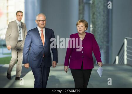 German Chancellor Angela Merkel and Australian Prime Minister Malcolm Turnbull arrive to a press conference at the Chancellery in Berlin, Germany on April 23, 2018. (Photo by Emmanuele Contini/NurPhoto) Stock Photo