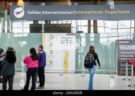 Bogota Colombia,El Dorado International Airport Aeropuerto Internacional El Dorado terminal inside interior,sign international departures man men male Stock Photo