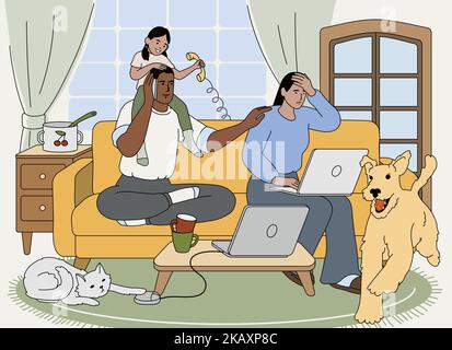 Flat family work on laptop from home with naughty kid and noisy domestic pets. Stressed exhausted freelancer parents working in mess room.Tired mom burnout, fatigue father or multitasking concept. Stock Vector