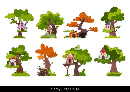 Cartoon fantasy tree houses for children fun games and activities. Fairytale treehouses with windows, doors for kids play. Forest buildings set of gnome, dwarf or elf isolated set on white background. Stock Vector