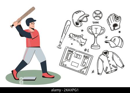 Baseball icons doodle set of player, uniform for game and sport equipment. Hand drawing collection of bat, leather mitt, shoes or cleats, ball and gloves. Black helmet, champion cup and scoreboard. Stock Vector
