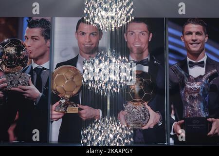 Pictures of Cristiano Ronaldo receiving different trophies seen at the entrance to the CR7 Museum located in Funchal seafront, on the island of Madeira, where Portuguese football star grew up and played for amateur team Andorinha from 1992 to 1995. The museum is dedicated to Ronaldo's local, national and international achievements and successes during his carrer to date. On Thursday, April 26, 2018, in Funchal, Madeira Island, Portugal. (Photo by Artur Widak/NurPhoto)  Stock Photo