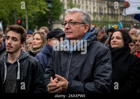 Leader of the French Communist Party Pierre Laurent takes part in a rally in support of social struggles organized by left-wing political parties and movements on April 30, 2018 in Paris. (Photo by Nicolas Liponne/NurPhoto) Stock Photo