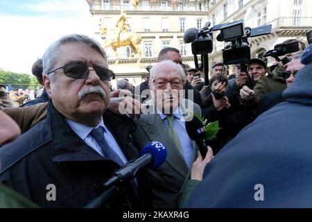 France's far-right Front National (FN) party founder and former leader Jean-Marie Le Pen (C) attendS the annual rally in honor of Jeanne d'Arc (Joan of Arc) at the Place des Pyramides in Paris on May 1, 2018. Jean-Marie Le Pen, the firebrand co-founder of France's far-right National Front who was eventually kicked out of the party by his daughter, confirmed he was now a member of the Alliance for Peace and Freedom (APF), a grouping of European far-right parties, which said the octogenarian had joined on March 22, 2018. (Photo by Michel Stoupak/NurPhoto) Stock Photo