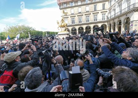 France's far-right Front National (FN) party founder and former leader Jean-Marie Le Pen (C) attendS the annual rally in honor of Jeanne d'Arc (Joan of Arc) at the Place des Pyramides in Paris on May 1, 2018. Jean-Marie Le Pen, the firebrand co-founder of France's far-right National Front who was eventually kicked out of the party by his daughter, confirmed he was now a member of the Alliance for Peace and Freedom (APF), a grouping of European far-right parties, which said the octogenarian had joined on March 22, 2018. (Photo by Michel Stoupak/NurPhoto) Stock Photo