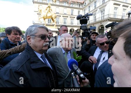 France's far-right Front National (FN) party founder and former leader Jean-Marie Le Pen (C) attendS the annual rally in honor of Jeanne d'Arc (Joan of Arc) at the Place des Pyramides in Paris on May 1, 2018. Jean-Marie Le Pen, the firebrand co-founder of France's far-right National Front who was eventually kicked out of the party by his daughter, confirmed he was now a member of the Alliance for Peace and Freedom (APF), a grouping of European far-right parties, which said the octogenarian had joined on March 22, 2018. (Photo by Michel Stoupak/NurPhoto) Stock Photo