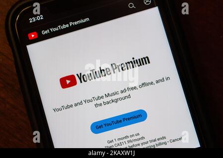 Vancouver, CANADA - Oct 29 2022 : Website of YouTube Premium on iPhone