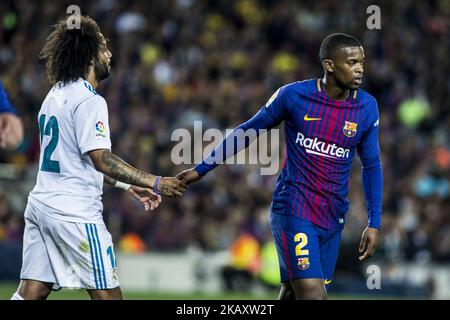 12 Marcelo Vieira da Silva from Brazil of Real Madrid and 02 Nelson Semedo from Portugal of FC Barcelona during the La Liga derby football match between FC Barcelona v Real Madrid at Camp Nou Stadium in Spain on May 6 of 2018. (Photo by Xavier Bonilla/NurPhoto) Stock Photo