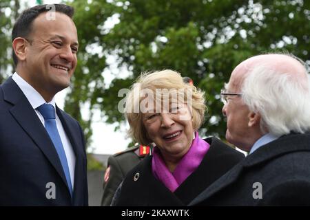 (Left-Right) Leo Varadkar, the Taoiseach (Irish Prime Minister) and Minister for Defence, Sabine Higgins, the First Lafy, and Michael D Higgins, the President of Ireland, during the Arbour Hill 1916 Leaders Commemoration ceremony at Church of the Most Sacred. On Wednesday, May 9, 2018, in Dublin, Ireland. (Photo by Artur Widak/NurPhoto)  Stock Photo