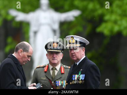 (Left -Right) Paul Kehoe, Minister of State at the Department of the Taoiseach and the Department of Defence ; Kieran Brennan, an Irish Army Major general and Mark Mellett, an Irish Naval Service Vice admiral and the current Chief of Staff of the Defence Forces of Ireland, during the Arbour Hill 1916 Leaders Commemoration ceremony at Church of the Most Sacred. On Wednesday, May 9, 2018, in Dublin, Ireland. (Photo by Artur Widak/NurPhoto)  Stock Photo