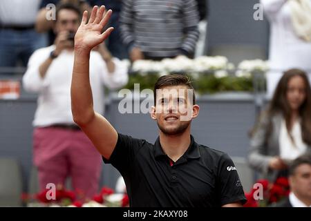 Dominic Thiem of Austria celebrates the victory in his semi final match against Kevin Anderson of South Africa during day eight of the Mutua Madrid Open tennis tournament at the Caja Magica on May 12, 2018 in Madrid, Spain (Photo by David Aliaga/NurPhoto) Stock Photo