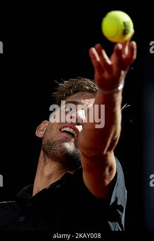 Dominic Thiem of Austria serves in his final match against Alexander Zverev of Germany during day nine of the Mutua Madrid Open tennis tournament at the Caja Magica on May 13, 2018 in Madrid, Spain (Photo by David Aliaga/NurPhoto) Stock Photo