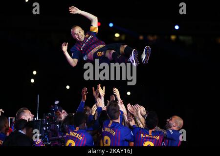 Andres Iniesta during the celebrations at the end of the match between FC Barcelona and Real Sociedad, played at the Camp Nou Stadium on 20th May 2018 in Barcelona, Spain. -- (Photo by Urbanandsport/NurPhoto) Stock Photo