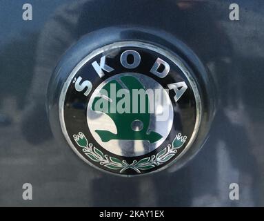 The logo of Czech automobile manufacturer founded in 1895 as Laurin & Klement Skoda is seen in Munich. (Photo by Alexander Pohl/NurPhoto) Stock Photo