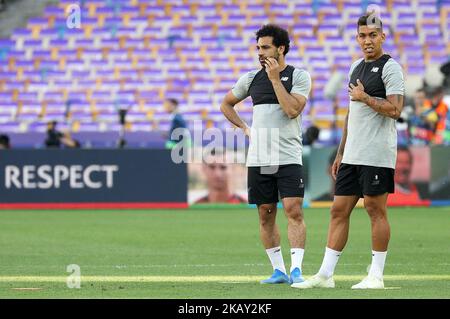 Liverpool's Mohamed Salah, left, and Roberto Firmino during a training session at the Olimpiyskiy Stadium in Kiev. Ukraine, Friday, May 25, 2018 Tomorrow will be the final match of the Champions League between Real Madrid and Liverpool at the Olympic Stadium in Kiev. (Photo by Danil Shamkin/NurPhoto) Stock Photo