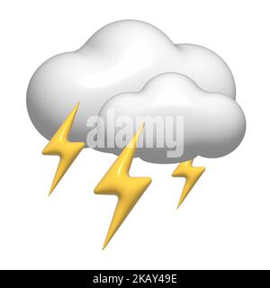3D thunderstorm with lightning, white cloud icon. 3d storm weather element isolated on a white background. Climate concept - soft cotton cartoon fluff Stock Photo