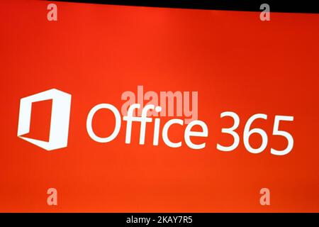 The logo of Microsoft Office 365 is seen on a screen. (Photo by Alexander Pohl/NurPhoto) Stock Photo