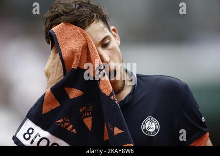 Dominic Thiem of Austria reacts during the final of the men's singles at Roland Garros during the French Open on June 10, 2018 in Paris, France. (Photo by Mehdi Taamallah/NurPhoto) Stock Photo