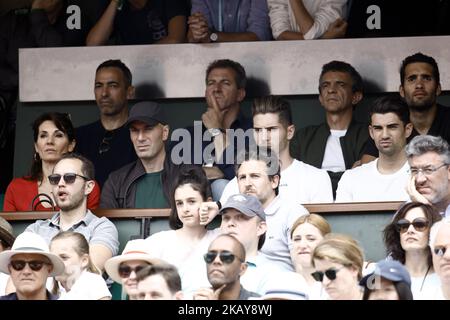 Zinedine Zidane, his wife Veronique and their sons Luca and Enzo attend the Men Final of the 2018 French Open - Day Fithteen at Roland Garros on June 10, 2018 in Paris, France. (Photo by Mehdi Taamallah/NurPhoto) Stock Photo