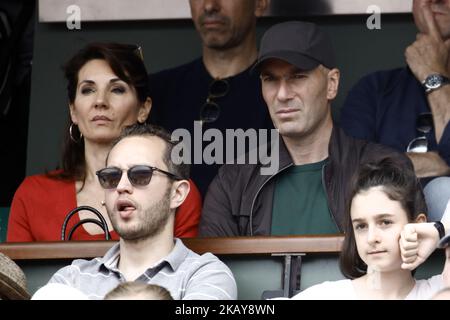 Zinedine Zidane, his wife Veronique attend the Men Final of the 2018 French Open - Day Fithteen at Roland Garros on June 10, 2018 in Paris, France. (Photo by Mehdi Taamallah/NurPhoto) Stock Photo