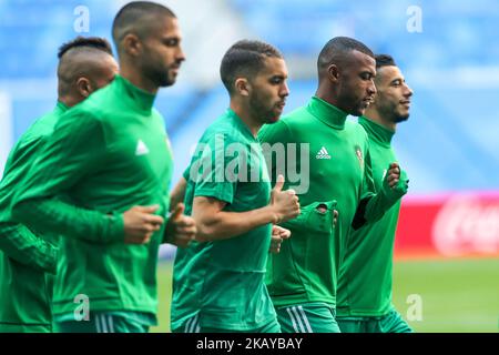Players of the Morocco national football team takes part in a training session at Saint Petersburg Stadium in Saint Petersburg on June 14, 2018, ahead of a the 2018 FIFA World Cup match, between Morocco and Iran. (Photo by Igor Russak/NurPhoto) Stock Photo