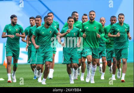 Players of the Morocco national football team takes part in a training session at Saint Petersburg Stadium in Saint Petersburg on June 14, 2018, ahead of a the 2018 FIFA World Cup match, between Morocco and Iran. (Photo by Igor Russak/NurPhoto) Stock Photo