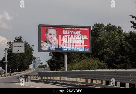 Few days left for the general elections in Turkey, the candidates keep on doing their campaigns. In many different parts of Istanbul ranging from rural areas to the crowded central areas, large posters of the current president, Erdogan are hanging. (Photo by Erhan Demirtas/NurPhoto) Stock Photo