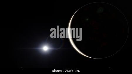 Dark planet and the sun. Sun rays and a planet 3d illustration background Stock Photo