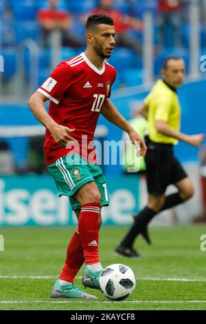 Younes Belhanda of Morocco national team during the 2018 FIFA World Cup Russia Group B match between Morocco and IR Iran on June 15, 2018 at Saint Petersburg Stadium in Saint Petersburg, Russia. (Photo by Mike Kireev/NurPhoto) Stock Photo