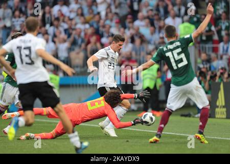 goalkeeper Guillermo Ochoa of Mexico National team and forward Mario Gomez of Germany National team during a Group F 2018 FIFA World Cup soccer match between Germany and Mexico on June 16, 2018, at the Kazan Arena in Kazan, Russia. (Photo by Anatolij Medved/NurPhoto) Stock Photo