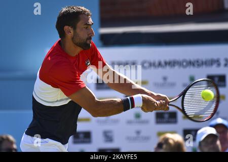 Marin Cilic of Croatia returns a shot during his men's singles match against Fernando Verdasco of Spain during Day One of the Fever-Tree Championships at Queens Club on June 18, 2018 in London, United Kingdom. (Photo by Alberto Pezzali/NurPhoto) Stock Photo