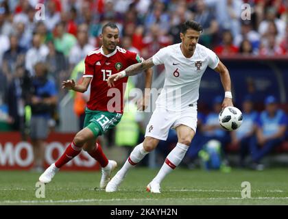 Group B Portugal v Morocco - FIFA World Cup Russia 2018 Khalid Boutaib (Morocco) and Jose Fonte (Portugal) at Luzhniki Stadium in Moscow, Russia on June 20, 2018. (Photo by Matteo Ciambelli/NurPhoto)  Stock Photo
