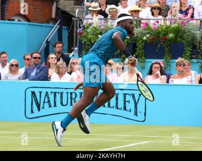 Frances Tiafoe (USA) in action during Fever-Tree Championships 2nd Round match between Frances Tiafoe (USA) against Leonardo Mayer(ARG) at The Queen's Club in London,UK on June 20, 2018. (Photo by Kieran Galvin/NurPhoto)  Stock Photo