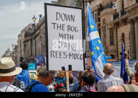 Protestors march during the People's Vote demonstration against Brexit on June 23, 2018 in London, England. On the second anniversary of the 2016 Brexit referendum, the People's Vote Campaign organised a march to Parliament calling for a People's Vote on the final draft of the EU Withdrawal Bill. (Photo by Alex Cavendish/NurPhoto) Stock Photo