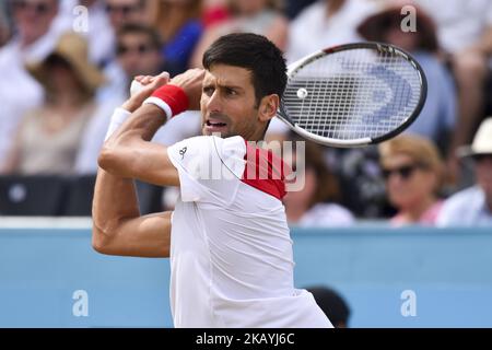 Novak Djokovic of Serbia plays backhand during the semi final singles match on day six of Fever Tree Championships at Queen's Club in London, UK on June 23, 2018. (Photo by Alberto Pezzali/NurPhoto) Stock Photo