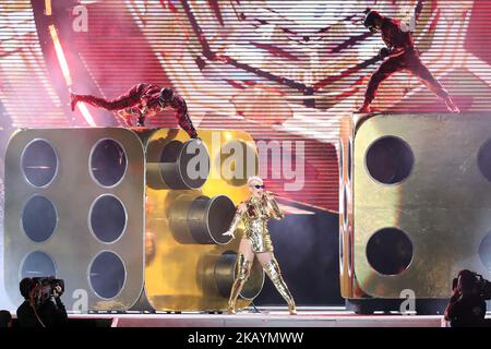 US singer Katy Perry performs at the Rock in Rio Lisboa 2018 music festival in Lisbon, Portugal, on June 30, 2018. ( Photo by Pedro Fiúza/NurPhoto) Stock Photo