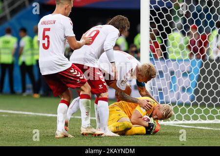 (L to R) Jonas Knudsen, Lasse Schone, Simon Kjaer and Kasper Schmeichel of Denmark national team during the 2018 FIFA World Cup Russia Round of 16 match between Croatia and Denmark on July 1, 2018 at Nizhny Novgorod Stadium in Nizhny Novgorod, Russia. (Photo by Mike Kireev/NurPhoto) Stock Photo