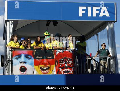 Supporters at Fan Zone - FIFA World Cup Russia 2018 Brazil supporters at Fifa Fan Zone in Moscow, Russia on July 2, 2018. (Photo by Matteo Ciambelli/NurPhoto)  Stock Photo