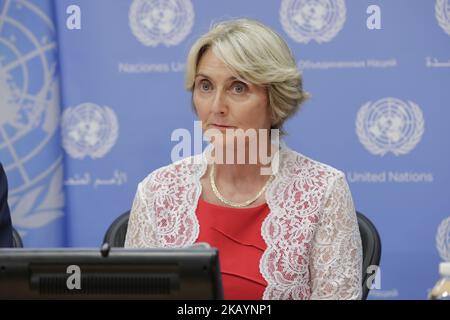 United Nations, New York, USA, June 29 2018 - Agnes Marcaillou, Director of the UN Mine Action Service (UNMAS) brief press ahead of the Security Council briefing on Mine Action today at the UN Headquarters in New York City. (Photo by Luiz Rampelotto/NurPhoto) Stock Photo