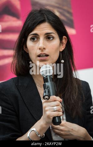 the Mayor of Rome Virginia Raggi during the press conference to present the MIC, the new card to access the system of civic museums in Rome, for those who live and study in the city comes the Mic revolution, the new card at a cost of 5 euros for 12 months will allow unlimited entry into all civic museums on July 3, 2018 in Rome, Italy (Photo by Andrea Ronchini/NurPhoto) Stock Photo