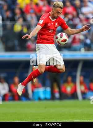 Josip Drmic of the Switzerland national football team vie for the ball during the 2018 FIFA World Cup match, Round of 16 between Sweden and Switzerland at Saint Petersburg Stadium on July 03, 2018 in St. Petersburg, Russia. (Photo by Igor Russak/NurPhoto) Stock Photo
