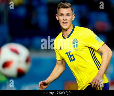 Emil Krafth of Sweden national team in action during the 2018 FIFA World Cup Russia Round of 16 match between Sweden and Switzerland on July 3, 2018 at Saint Petersburg Stadium in Saint Petersburg, Russia. (Photo by Mike Kireev/NurPhoto) Stock Photo
