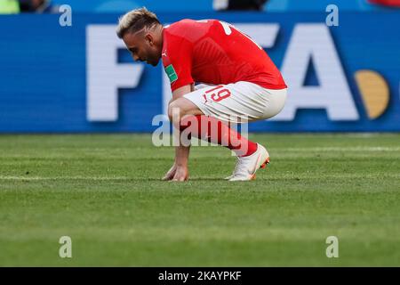 Josip Drmic of Switzerland national team reacts on his team defeat during the 2018 FIFA World Cup Russia Round of 16 match between Sweden and Switzerland on July 3, 2018 at Saint Petersburg Stadium in Saint Petersburg, Russia. (Photo by Mike Kireev/NurPhoto) Stock Photo